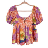 Entro Pink/Orange/Purple/Blue Floral Print Puff Sleeves V-Neck Peplum Top NWT- Size M (sold out online)