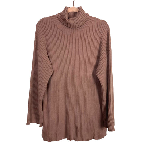 Anrabess Brown Ribbed Turtleneck Side Slit Tunic Sweater NWT- Size S