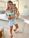 Pink Lily Beige Multi-Color Crochet Off the Shoulder Keep On Dreaming Sweater- Size S