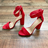 Shoe Land Red Suede Ankle Buckle Heeled Shoes- Size 7 (see notes)
