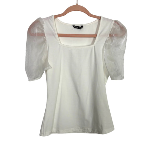 Shein White Metallic Sheer Puff Sleeve Top- Size XS