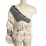 House of Harlow 1960 x Revolve Cream Black Wool Blend Printed Fringe One Shoulder Sweater- Size S