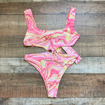 Sweat Szn Pink and Yellow Marble Ring Cutout Back Tie One Piece- Size L