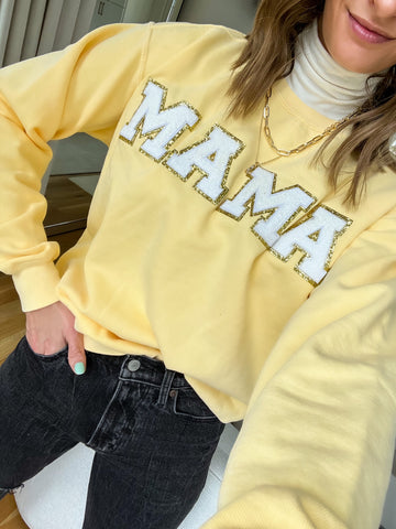 Comfort Colors Yellow Glitter Mama Letter Patch Sweatshirt- Size M (see notes)