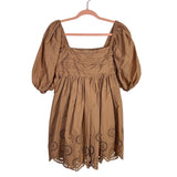Abercrombie & Fitch Light Brown Pleated Bodice Puff Sleeve Eyelet Detail Dress- Size S