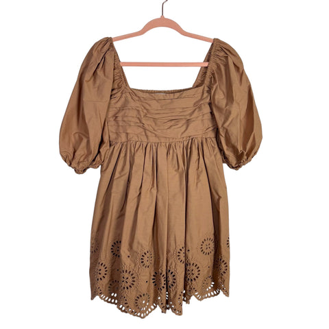 Abercrombie & Fitch Light Brown Pleated Bodice Puff Sleeve Eyelet Detail Dress- Size S