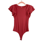 No Brand Berry Red Ribbed with Ruffle Sleeves Bodysuit- Size S