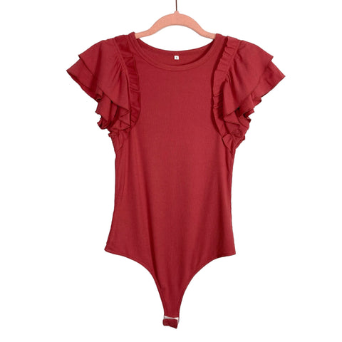 No Brand Berry Red Ribbed with Ruffle Sleeves Bodysuit- Size S