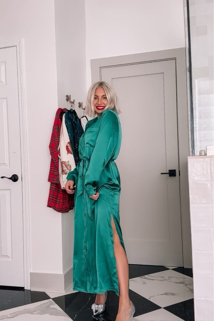 Flying Tomato Green Satin Button Up Belted Side Slits Dress- Size S The Saved Collection Flying Tomato Green Satin Button Up Belted Side Slits Dress- Size S The Saved Collection