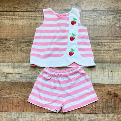 The Beaufort Bonnet Company Pink and White Striped Strawberry Print Shorts Set- Size 3T