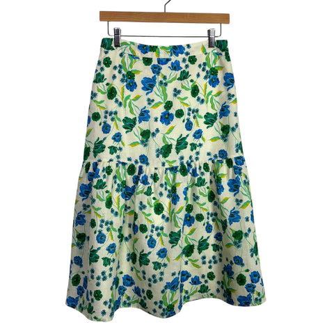 Draper James Cream with Blue/Green Floral Print Linen Midi Skirt- Size 2