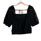 Everlane Black Eyelet Tie Back Elastic Waist Puff Sleeve Top- Size M