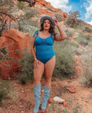 Pink Desert Metallic Blue Ruched Sides and Tie Straps One Piece NWT- Size XL