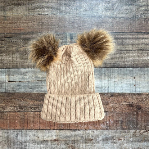 No Brand Tan/Double Brown Pom Kids Hat