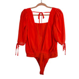 Lovers + Friends Orange Sheer Tie Sleeve Deep V Tie Back Thong Bodysuit NWOT- Size S