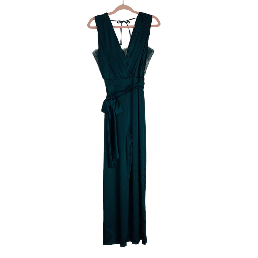 Zara Basic Satin Green Lace Trim Side and Back Tie Jumpsuit- Size S The Saved Collection Zara Basic Satin Green Lace Trim Side and Back Tie Jumpsuit- Size S The Saved Collection