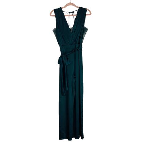Zara Basic Satin Green Lace Trim Side and Back Tie Jumpsuit- Size S