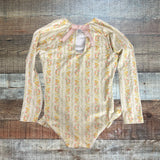 Minnow Citrus and Floral Print with Back Ribbon Bow Swimsuit- Size 7/8Y (we have matching swimsuit)