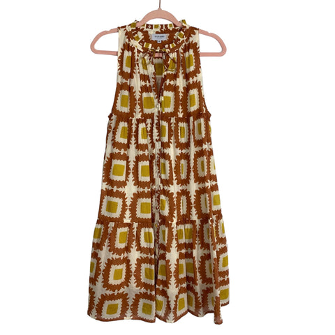 Olivia James The Label Cream Brown and Mustard Print Button Up Front Tie Dress- Size M (see notes)
