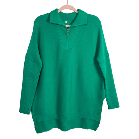 No Brand Green Ribbed Knit with Side Slits Quarter Zip Hi-Lo Pullover- Size S