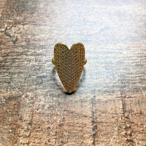 Gold Rhinestone Large Heart Adjustable Ring- Size 6