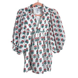 Saule Parc White with Pink/Green Floral Print V-Neck Balloon Sleeves Collared Top- Size M