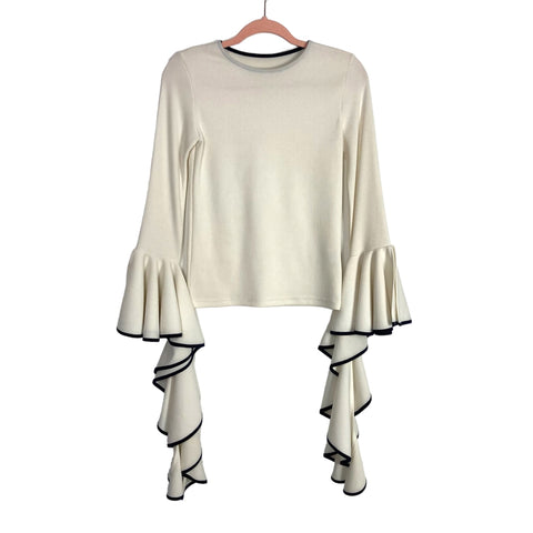 Storets Ivory Navy Trim Ribbed with Oversized Split Asymmetric Bell Sleeves Top- Size ~S (no size tag, fits like a small)