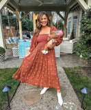 Free People Brown Embroidered Floral Smocked Bodice Dress- Size ~S (see notes)