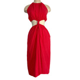 Deep Self Red Linen Blend with Side and Back Cut Out Halter Dress NWT- Size L