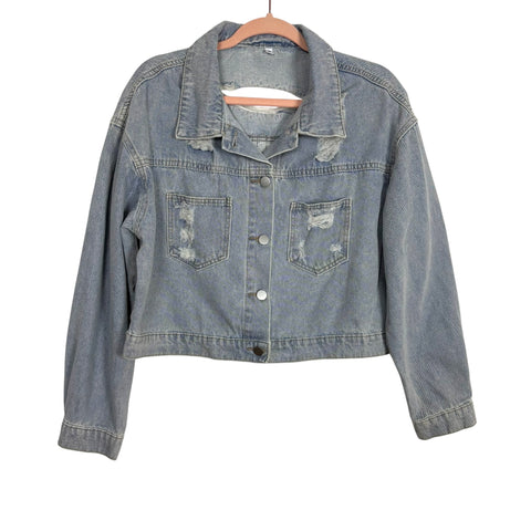 No Brand Light Wash Distressed/Rhinestone Denim Jacket - Size M