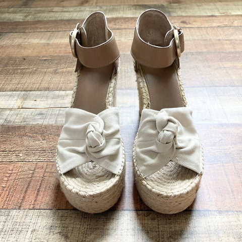 Marc Fisher Cream Canvas with Camel Leather Wedge Espadrilles- Size 9.5