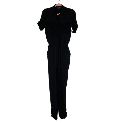 Vici Black Collared Button Front with Roll Tab Sleeves Elastic Waist Jumpsuit- Size S