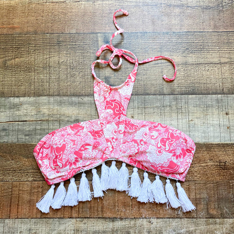 Impressions Pink Paisley Print Fringe Hem Padded Halter Tie Bikini Top- Size S