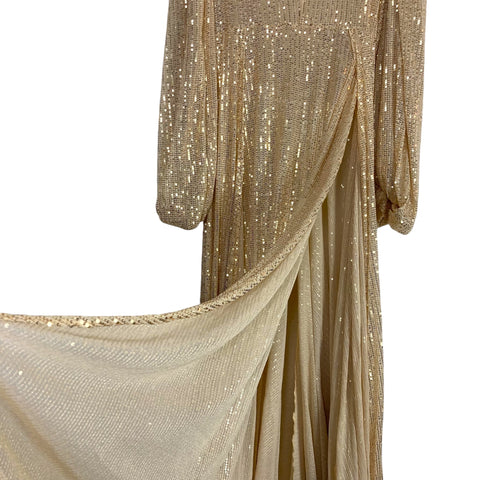 Sew Trendy Gold Sequin V-Neck High Slit Maternity Dress with Train- Si The Saved Collection Sew Trendy Gold Sequin V-Neck High Slit Maternity Dress with Train- Si The Saved Collection