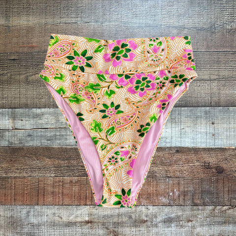 Aerie Pink/Orange/Green Printed High Cut Cheeky Swim Bottoms- Size M