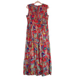 Oliphant Tropical Cockatiel Print Smocked Bodice Lined Dress- Size L