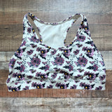 Senita Athletics White with Purple Floral Back Cutout Sports Bra- Size L