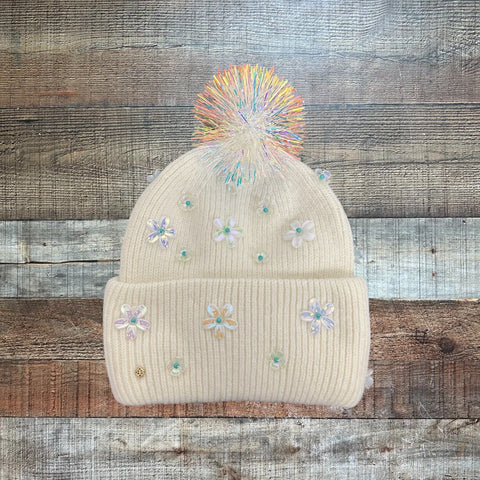 Brianna Cannon White Cashmere Flower Pom Pom Beanie