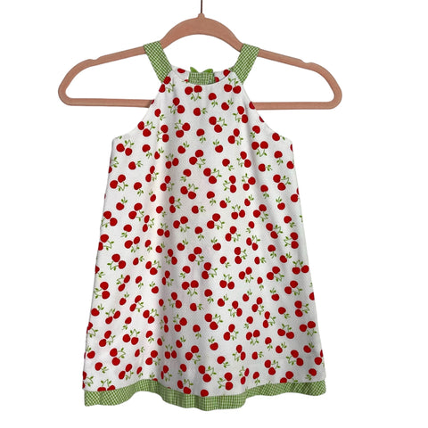 Florence Eiseman Red Cherries Textured Knit with Green Gingham Trim and Straps Dress- Size ~4T (see notes, no size tag, fits like a 4T)