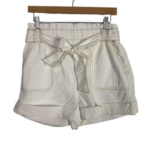 BP White Linen with Taupe Stitching Paperbag Waist and Tie Belt Shorts- Size M