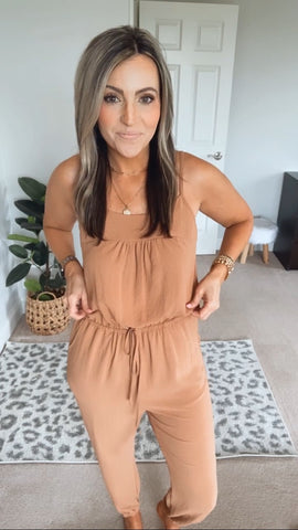 Fashion Brown Faux Drawstring Jogger Jumpsuit- Size S (sold out online)