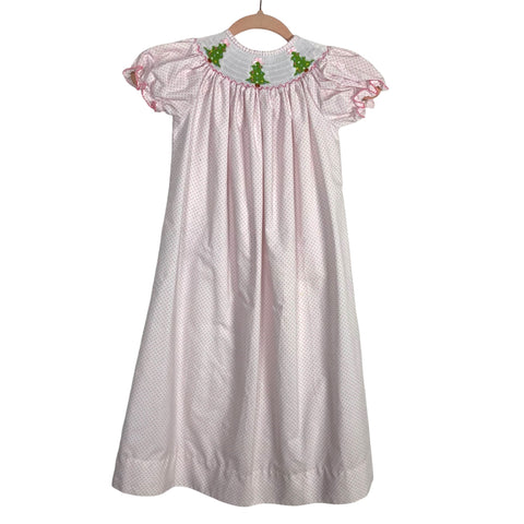 Classic Whimsy White with Pink Polka Dots Christmas Tree Smocked Dress- Size 7 (see notes)