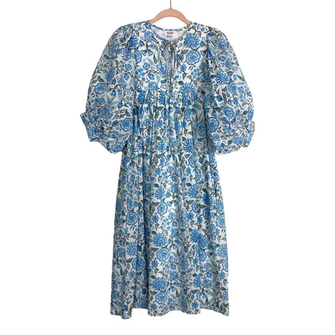 Haven Cream Blue and Turquoise Floral Print Puff Sleeve Dress- Size S