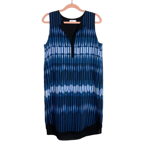 Vince 100% Silk Black/Blue/White Watercolor Stripes with Front Buttons Dress- Size L