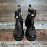 Steve Madden Black Chunky Boots with Velcro Rhinestone Strap- Size 8.5 (LIKE NEW)