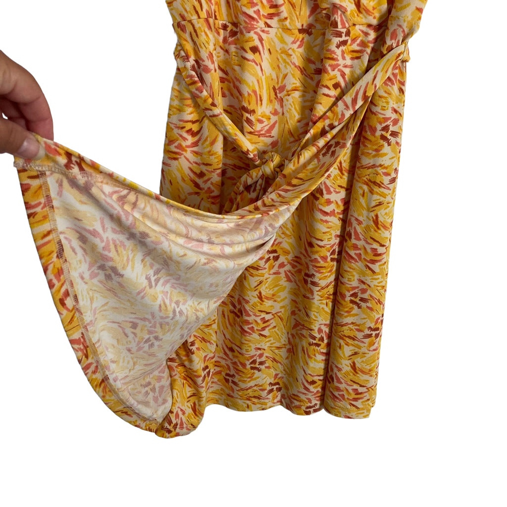 Nine West Yellow and Pink Printed Faux Wrap Belted Dress- Size L The Saved Collection Nine West Yellow and Pink Printed Faux Wrap Belted Dress- Size L The Saved Collection