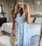 Grace Karin White/Blue Floral Halter/Strapless with Removable Strap Smocked Dress- Size S