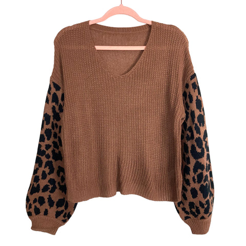 Cupshe Brown Open Knit Animal Print Sleeve Sweater- Size S