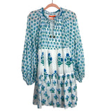Oliphant White Blue and Green Printed Tie Front Dress- Size L