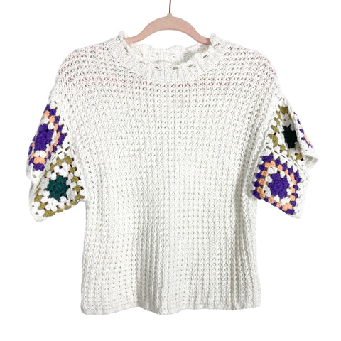Universal Thread White/Purple/Peach/Green Open Knit Short Sleeve Sweater- Size S